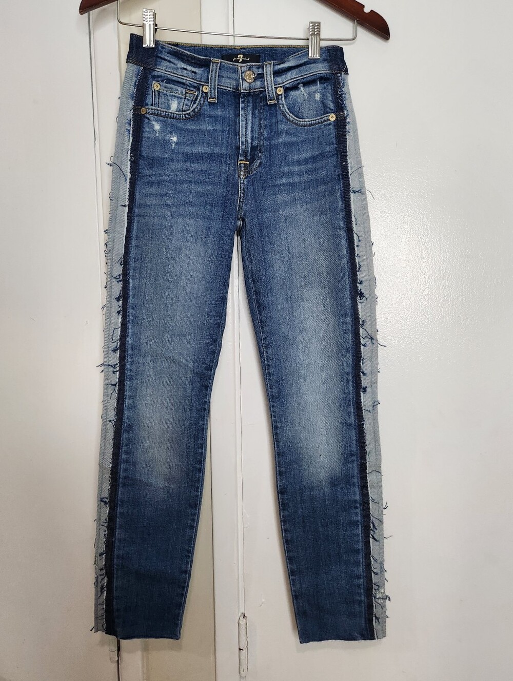7 For All Mankind Two-Tone‎ Blue Jeans with Frayed Side Panels